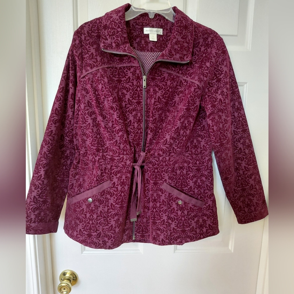 Women's Burgundy Patterned Drawstring Zip Jacket - image 1